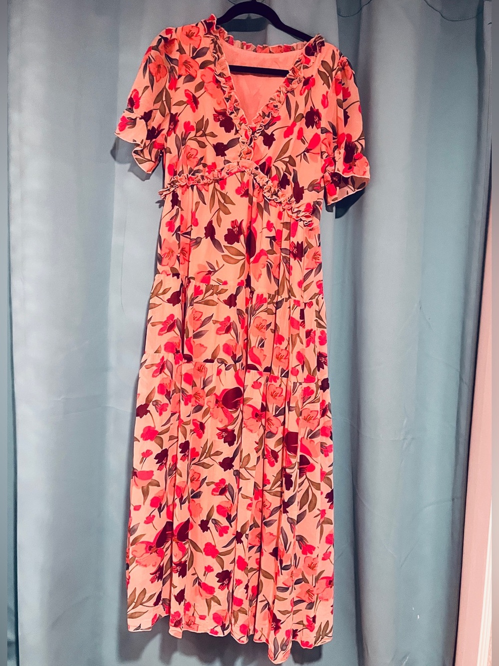 Floral Ruffle Midi Dress in Peach and Pink